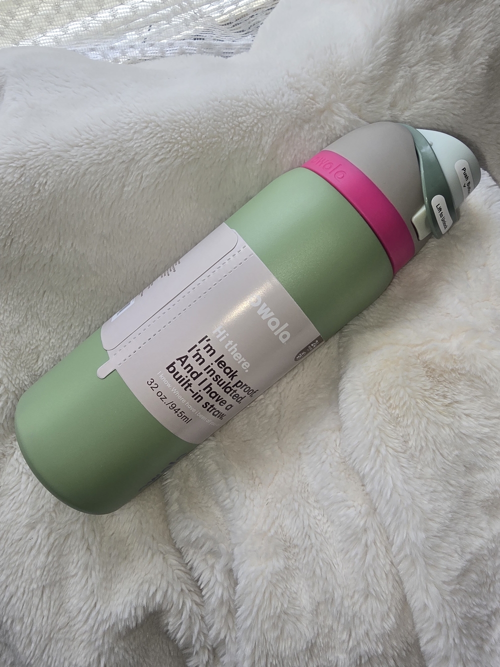 Owala Insulated Green Travel Bottle with Pink Accent and Mint Handle